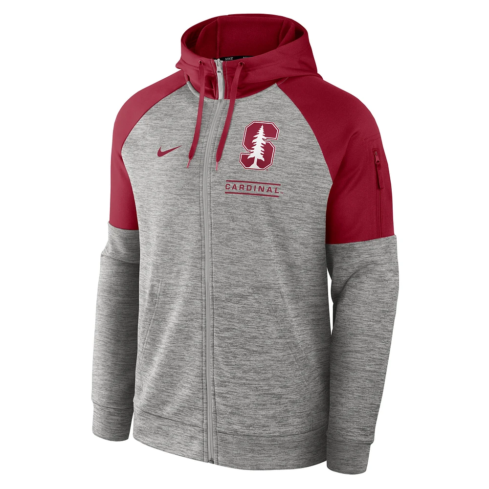 Sweat à capuche zippé Nike Stanford Cardinal Fitness Performance Raglan gris chiné pour homme