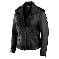 Women's Rebecca Minkoff  x WEAR by Erin Andrews Black Super Bowl LIX Fanatics Exclusive Tabitha Oversized Leather Asymmetrical Moto Full-Zip Jacket