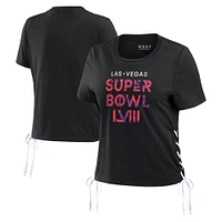 Women's WEAR by Erin Andrews Black Super Bowl LVIII Cropped Lace-Up T-Shirt