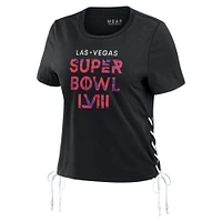 Women's WEAR by Erin Andrews Black Super Bowl LVIII Cropped Lace-Up T-Shirt