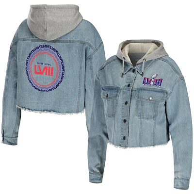 Women's WEAR by Erin Andrews Denim Super Bowl LVIII Cropped Hoodie Full-Snap Jacket