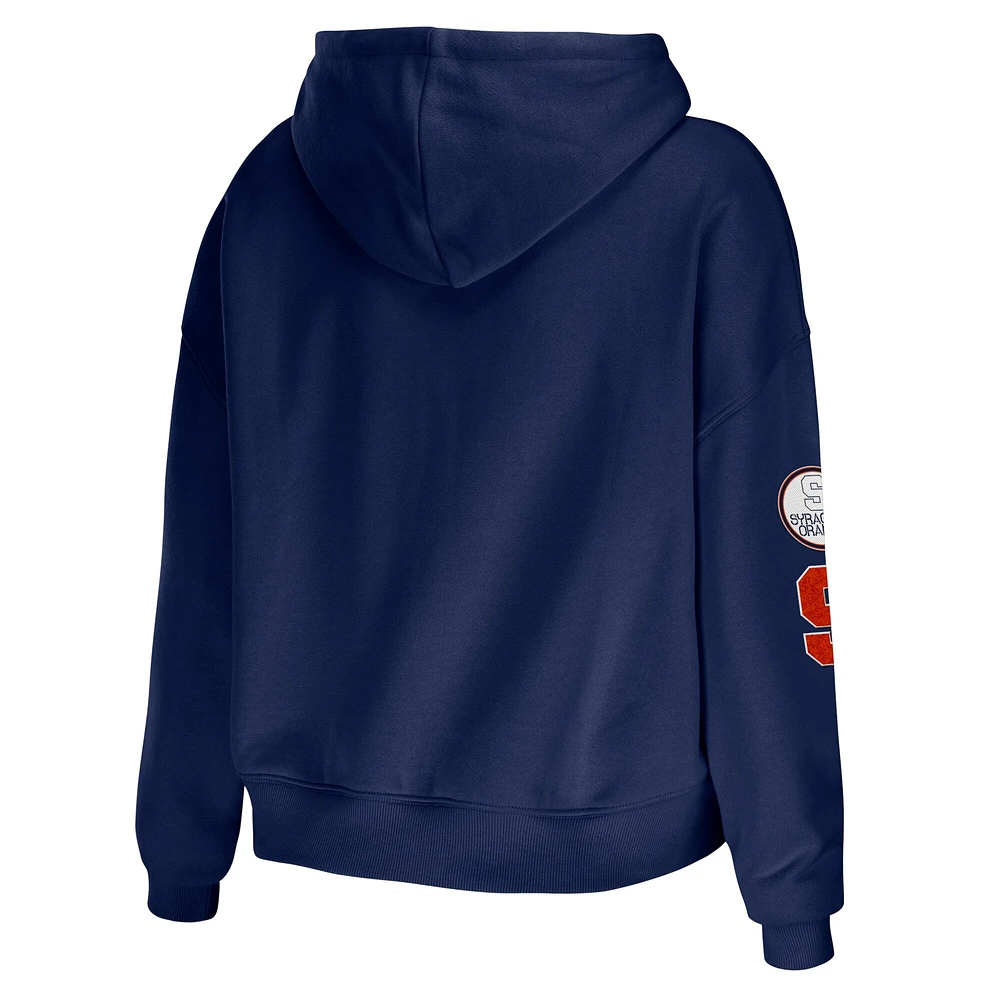 Women's WEAR by Erin Andrews Navy Syracuse Orange Mixed Media Cropped Pullover Hoodie