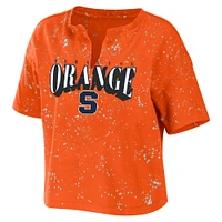 Women's WEAR by Erin Andrews Orange Syracuse Bleach Wash Splatter Cropped Notch Neck T-Shirt