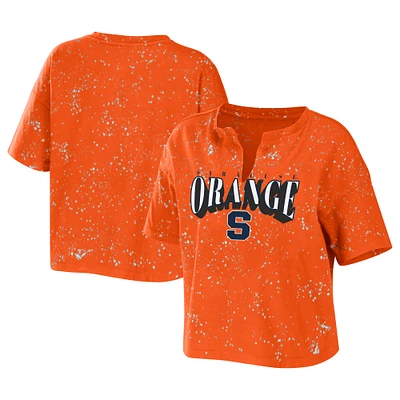 Women's WEAR by Erin Andrews Orange Syracuse Bleach Wash Splatter Cropped Notch Neck T-Shirt