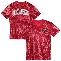 Haut à col en V sequins et inscription Tampa Bay Buccaneers pour jeunes filles, rouge