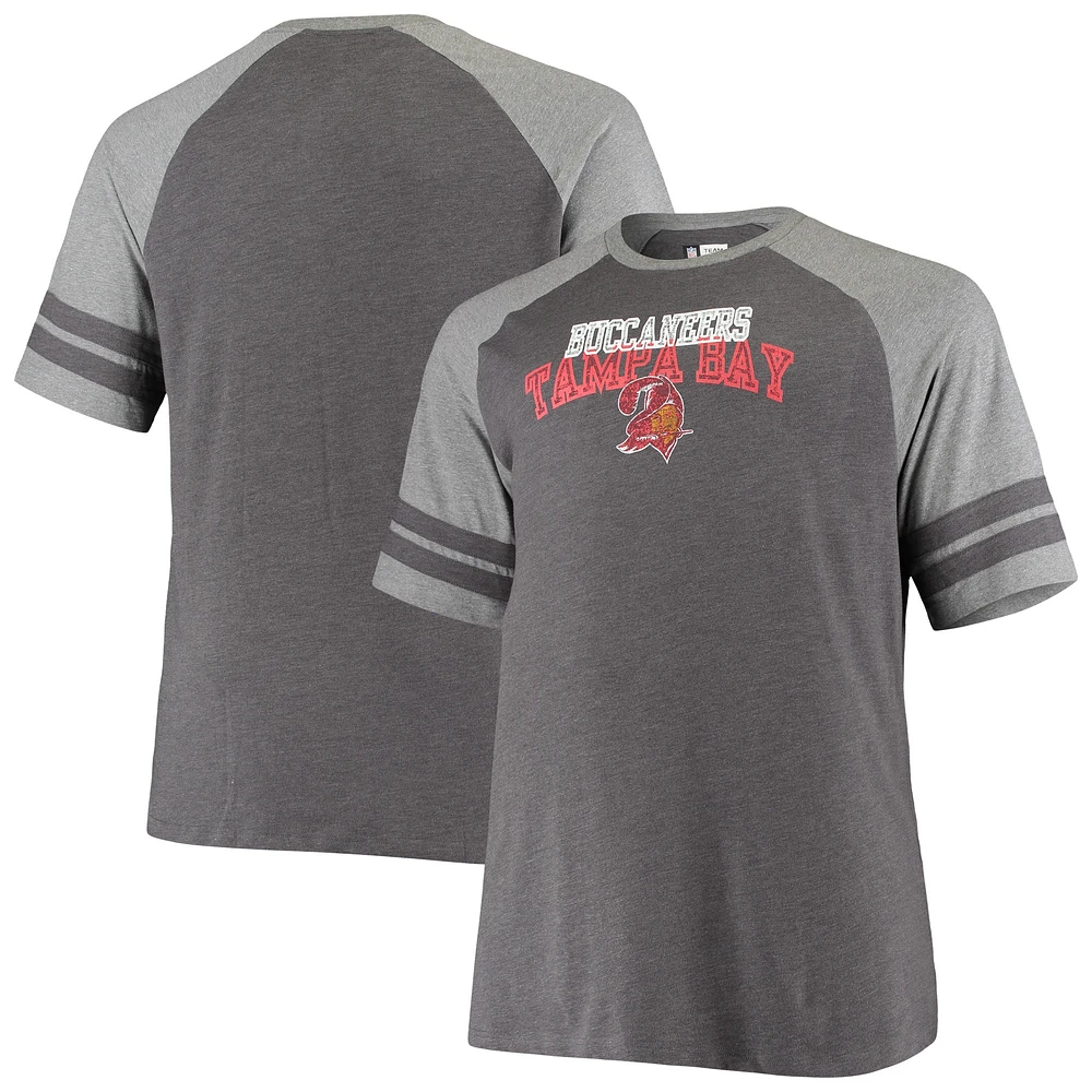 T-shirt raglan à 2 bandes noir/gris chiné pour homme des Buccaneers de Tampa Bay, taille grande et