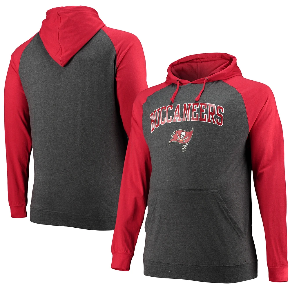 Sweat à capuche léger raglan Fanatics pour hommes rouge/anthracite chiné Tampa Bay Buccaneers Big & Tall