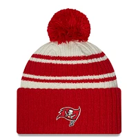 Men's New Era Cream/Scarlet Tampa Bay Buccaneers 2022 Sideline - Sport Cuffed Pom Knit Hat
