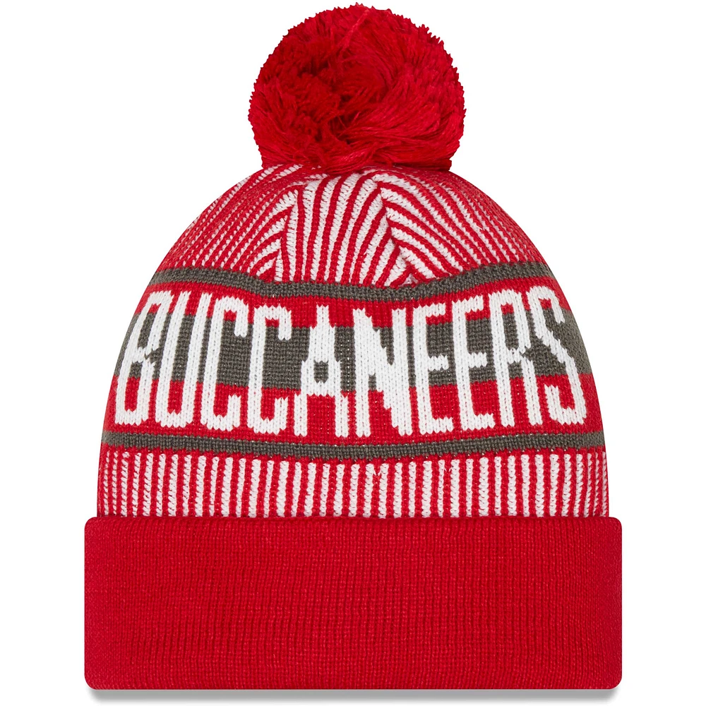 New Era Tampa Bay Buccaneers Striped rouge pour homme - Bonnet en tricot à revers avec pompon