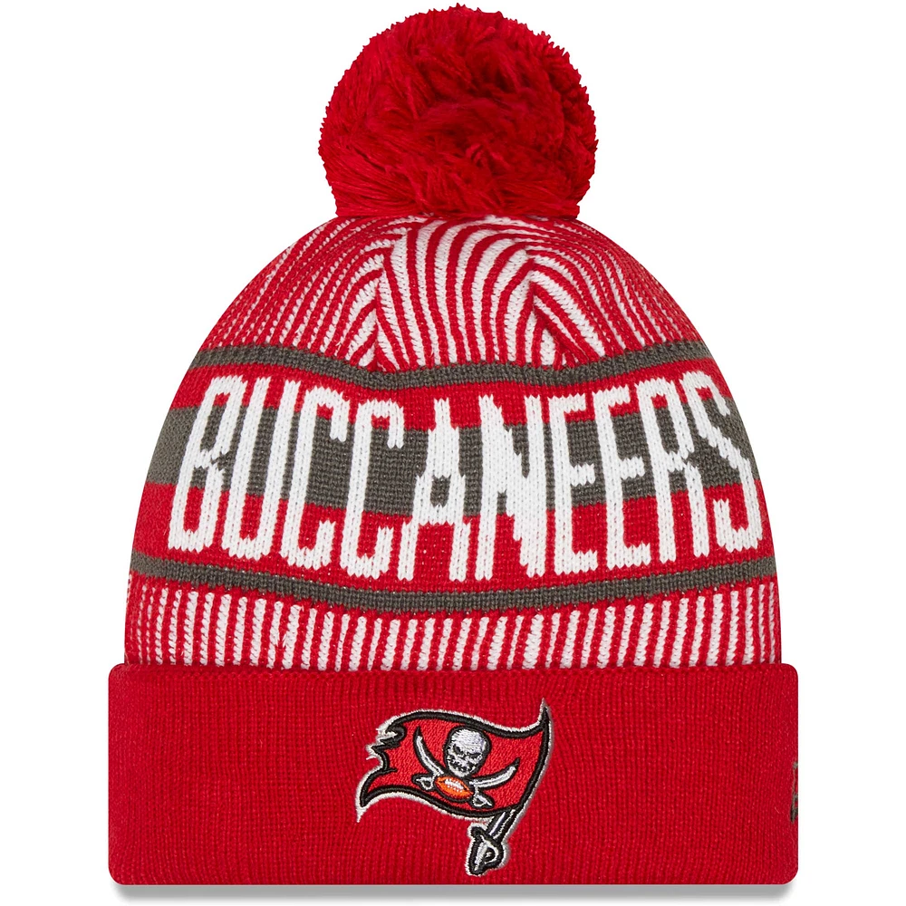 New Era Tampa Bay Buccaneers Striped rouge pour homme - Bonnet en tricot à revers avec pompon