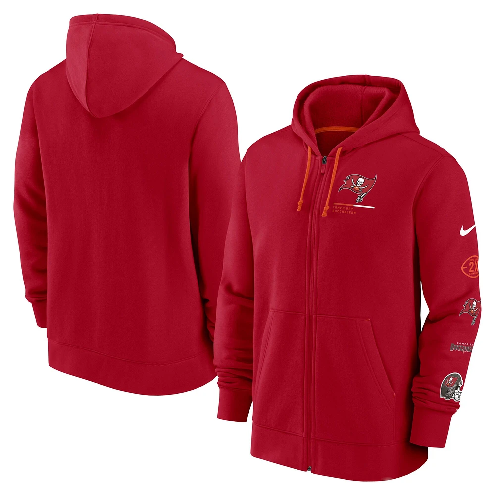 Équipe de fan Gear des Buccaneers Tampa Bay Nike rouge pour homme - Chandail à capuchon avec fermeture glissière pleine longueur