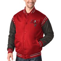 Men's Starter Red/Pewter Tampa Bay Buccaneers Enforcer Satin Full-Snap - Varsity Jacket