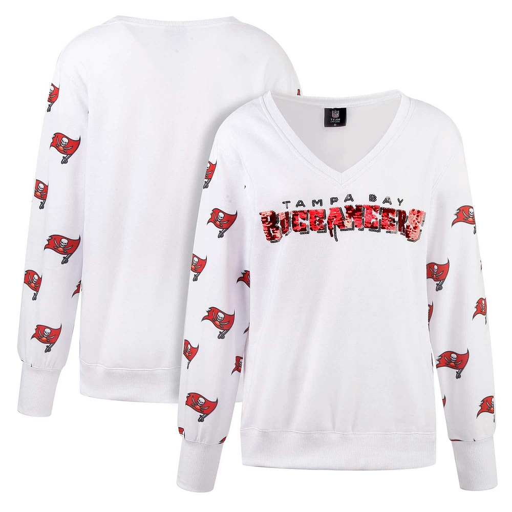 Women's Cuce White Tampa Bay Buccaneers Sequin Fleece V-Neck T-Shirt