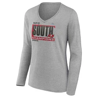 T-shirt à manches longues et col en V pour femmes Fanatics Heather Gray Tampa Bay Buccaneers Champions de la division sud NFC 2024 Conquer