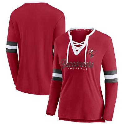 Women's Fanatics Red Tampa Bay Buccaneers Block Party Script Notch Neck Lace-Up - Long Sleeve T-Shirt