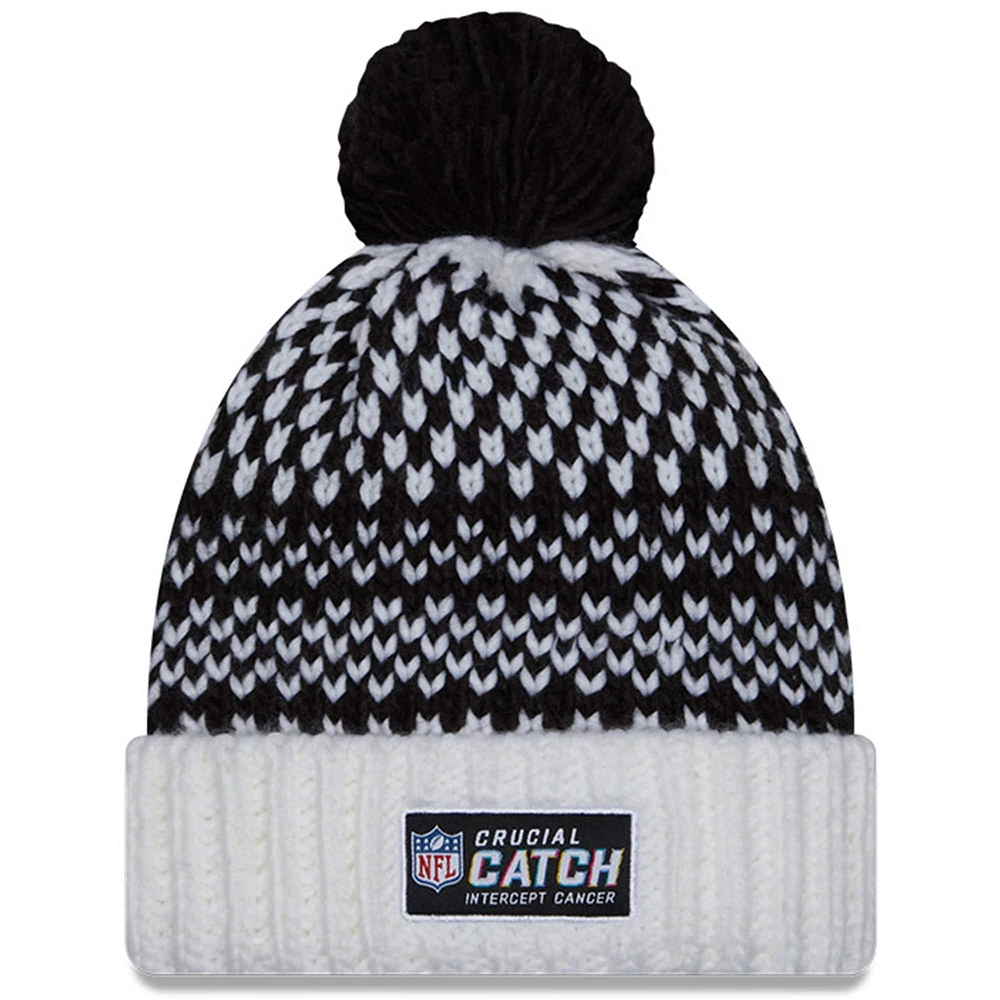 Bonnet en tricot à pompon à revers NFL Crucial Catch New Era pour femme, noir/blanc
