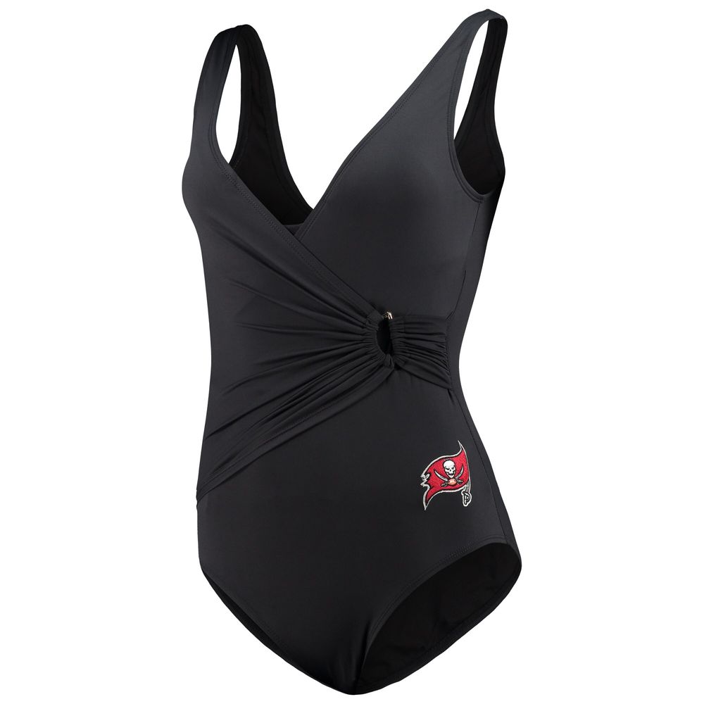 Women's Tommy Bahama Black Tampa Bay Buccaneers Pearl Clara Wrap One-Piece Swimsuit