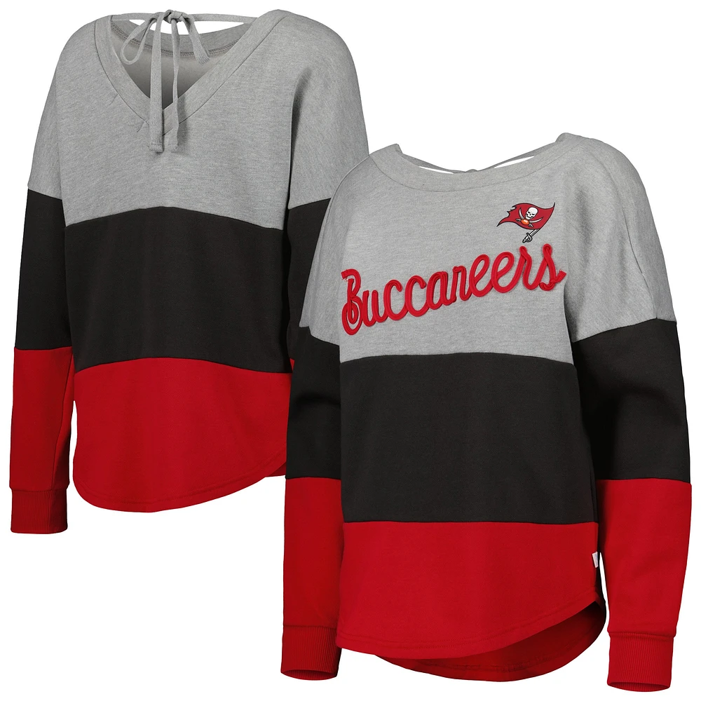 Women's Touch Heather Gray/Red Tampa Bay Buccaneers Outfield Deep V-Back Waist Length Pullover Sweatshirt