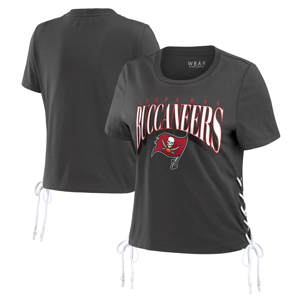 Women's WEAR by Erin Andrews Pewter Tampa Bay Buccaneers Lace Up Side Modest Cropped T-Shirt