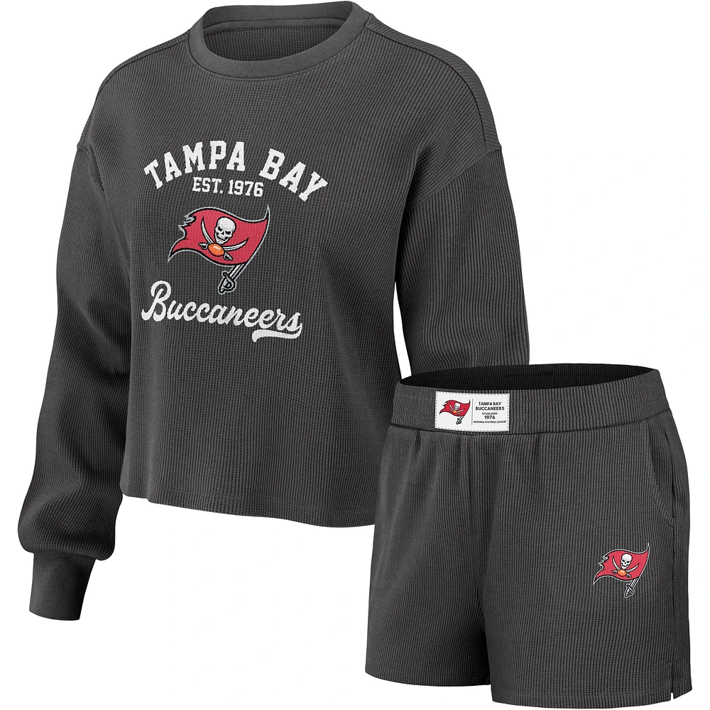 Women's WEAR by Erin Andrews Pewter Tampa Bay Buccaneers Waffle Knit Long Sleeve T-Shirt & Shorts Lounge Set