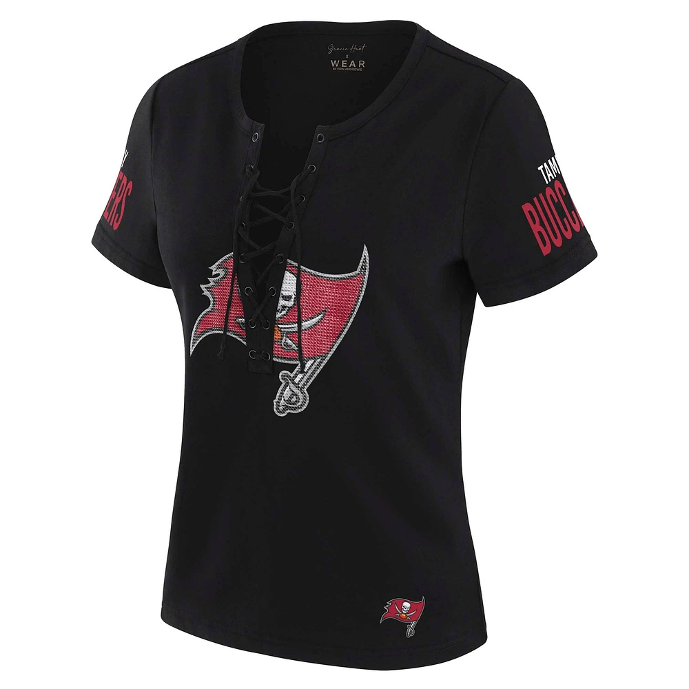 Women's WEAR by Erin Andrews x Gracie Hunt Black Tampa Bay Buccaneers Draft Me Lace-Up T-Shirt