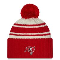 Youth New Era Cream/Scarlet Tampa Bay Buccaneers 2022 Sideline - Sport Cuffed Pom Knit Hat