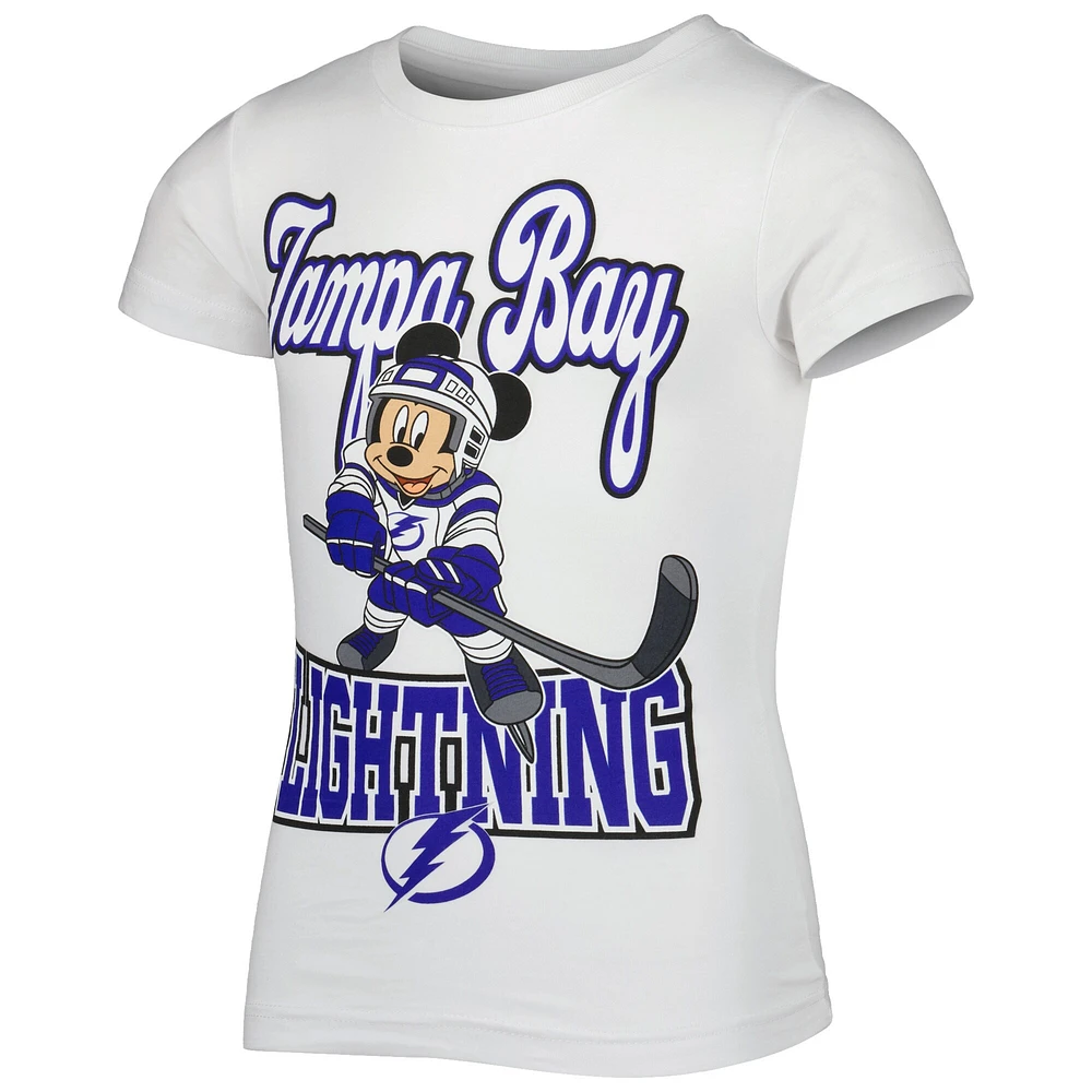 T-shirt blanc pour jeunes filles du Lightning de Tampa Bay Mickey Mouse Go Team