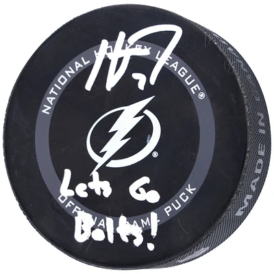 Rondelle de match officielle autographiée par Haydn Fleury du Lightning de Tampa Bay avec l'inscription « Lets Go Bolts! »