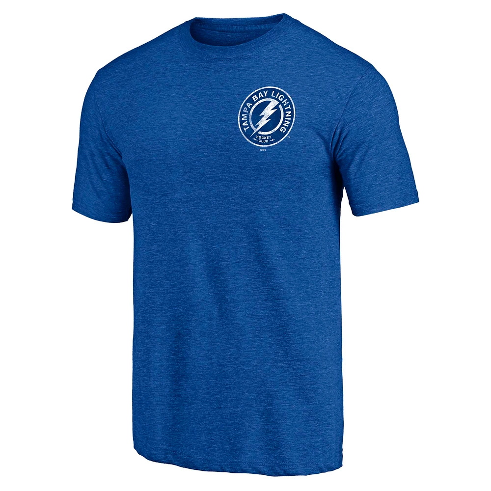 T-shirt tri-blend bleu chiné Fanatics pour homme avec logo vieilli sur l'épaule et le Lightning de Tampa Bay