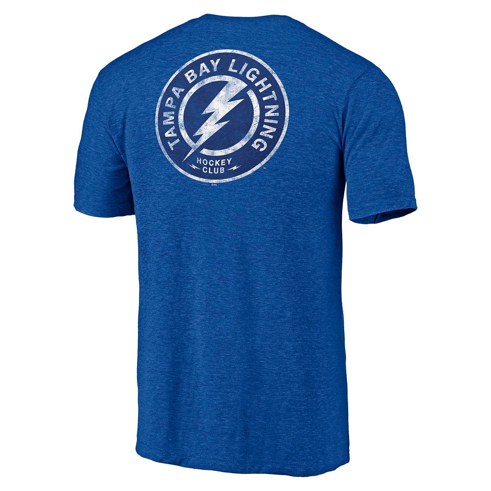 T-shirt tri-blend bleu chiné Fanatics pour homme avec logo vieilli sur l'épaule et le Lightning de Tampa Bay