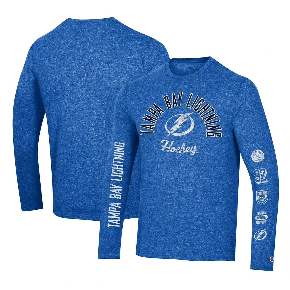 T-shirt à manches longues tri-mélange multi-logo Champion Heather Blue Tampa Bay Lightning pour hommes