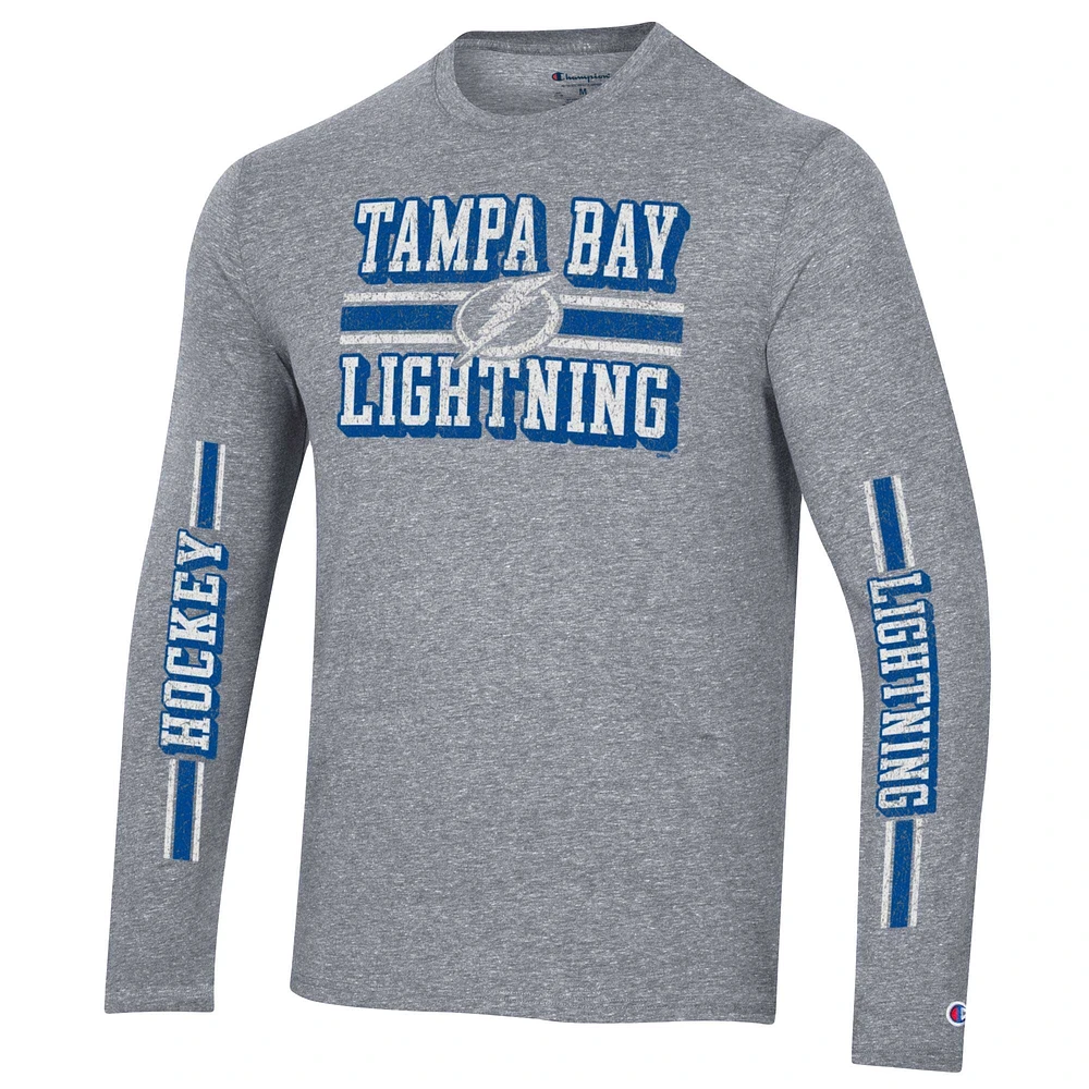 Men's Champion Heather Gray Tampa Bay Lightning Tri-Blend Dual-Stripe Long Sleeve T-Shirt