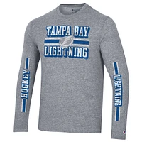 T-shirt à manches longues double bande tri-mélangé Champion Heather Grey Tampa Bay Lightning pour hommes