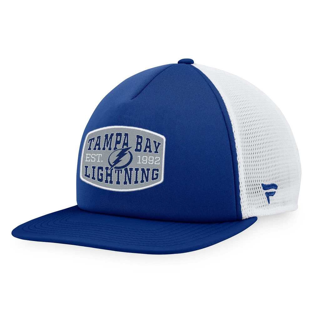 Casquette Snapback de camionneur avec patch frontal en mousse Tampa Bay Lightning Fanatics bleu/blanc pour hommes