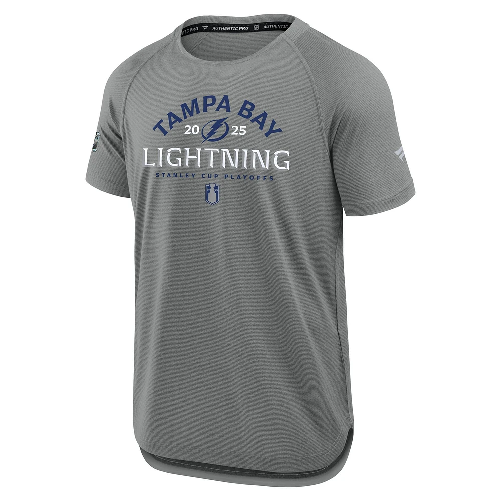 Men's Fanatics Heather Gray Tampa Bay Lightning 2025 Stanley Cup Playoffs Authentic Pro Rink Performance T-Shirt