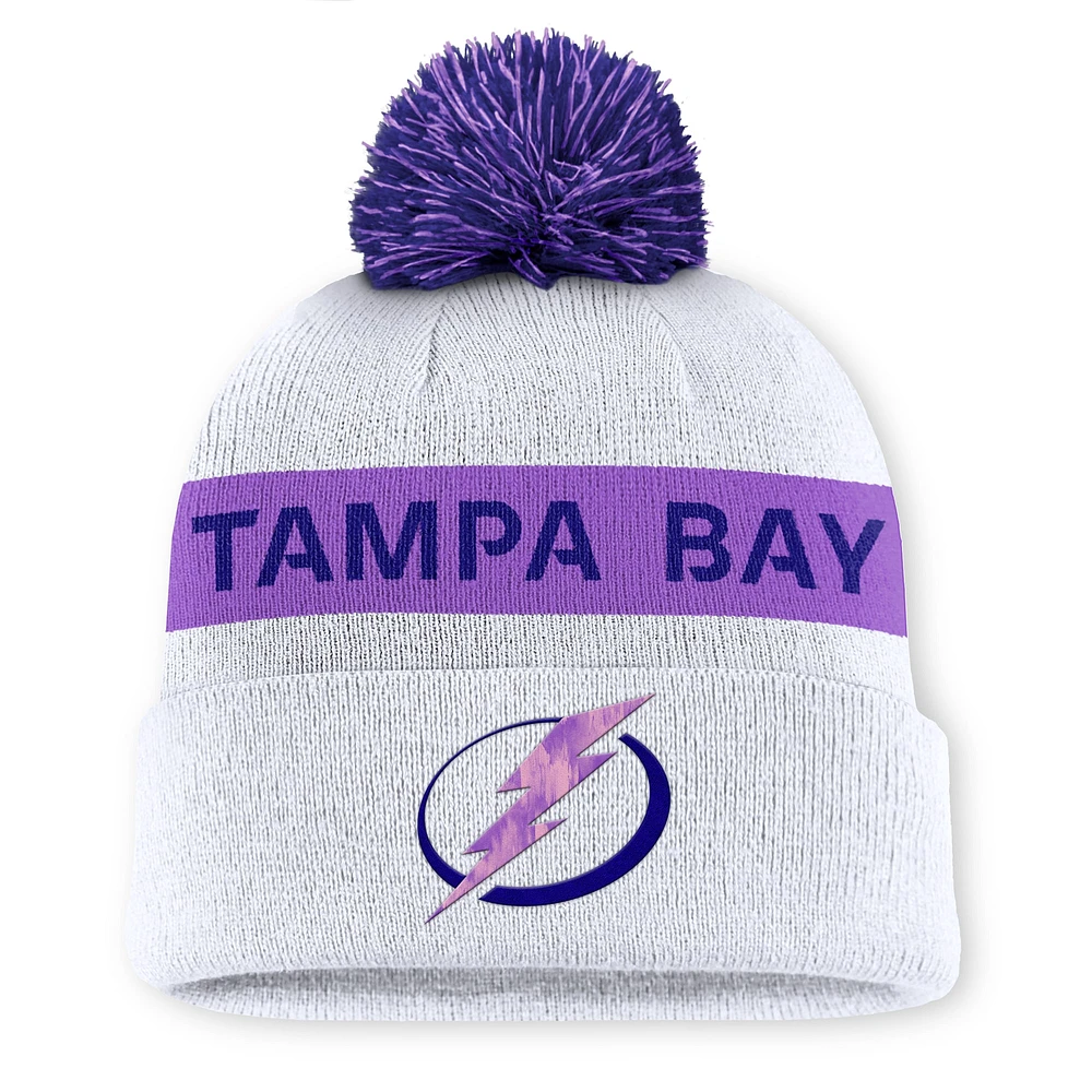 Men's Fanatics White Tampa Bay Lightning Hockey Fights Cancer Cuffed Knit Hat with Pom