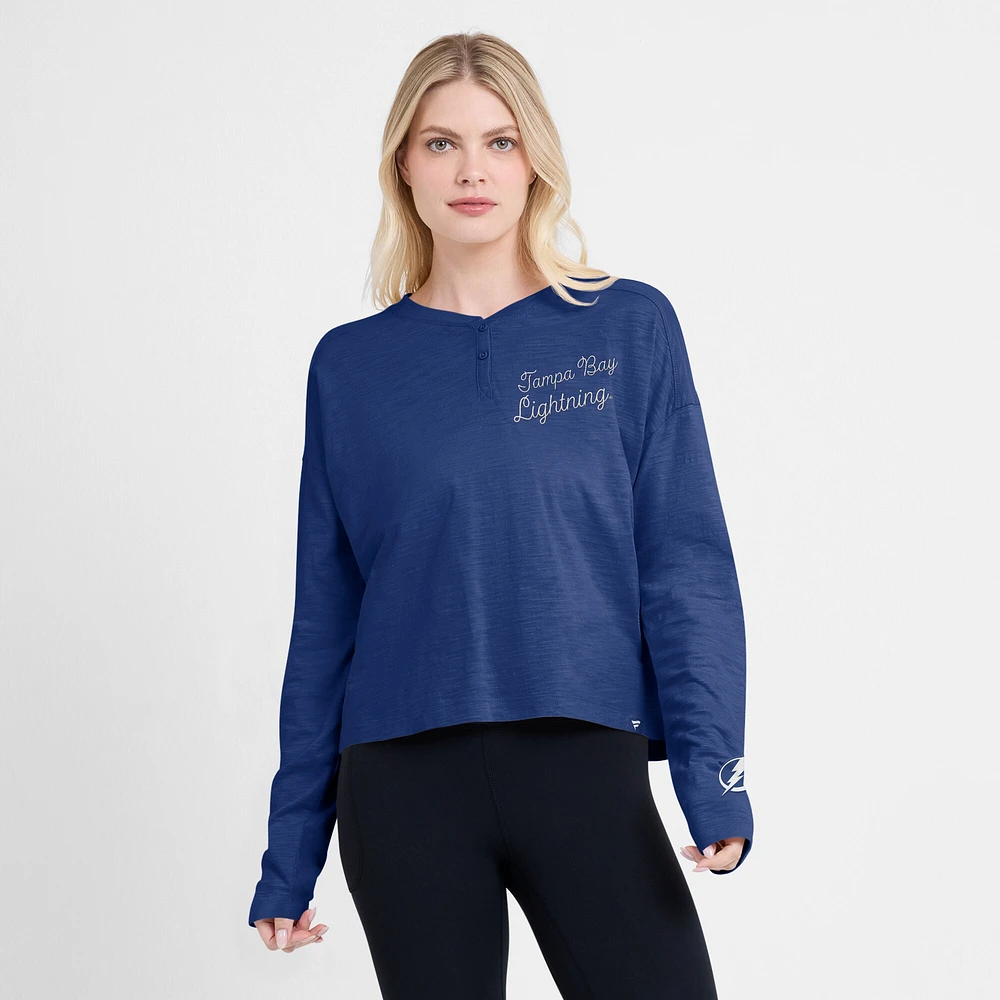 Women's Fanatics Blue Tampa Bay Lightning Oversized All Out Effort Long Sleeve Henley T-Shirt