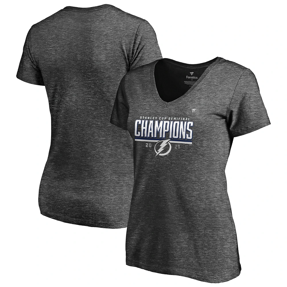 T-shirt à col en V pour femmes Fanatics Branded Heathered Charcoal Lightning de Tampa Bay 2021 Champions la demi-finale Coupe Stanley - Vestiaire