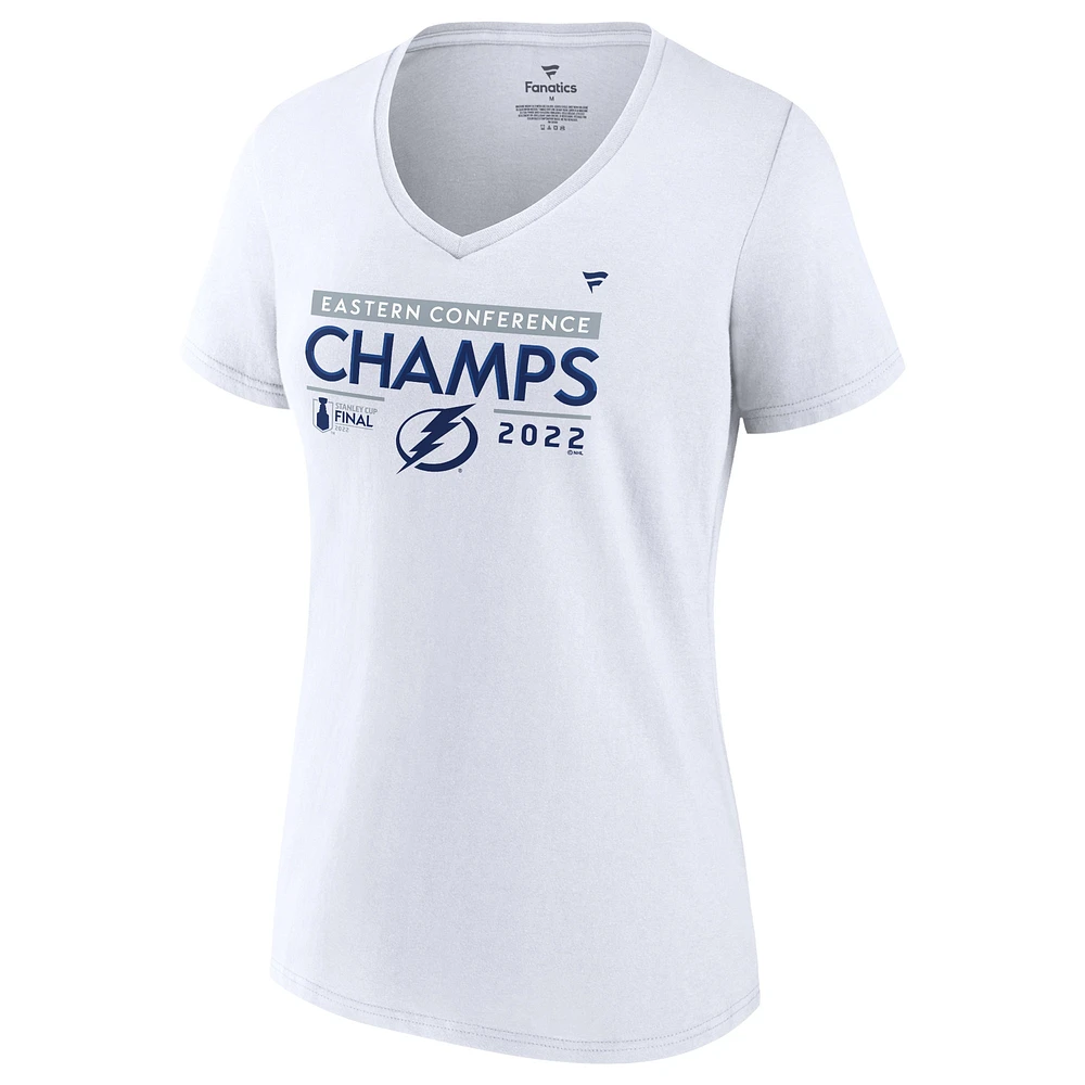 T-shirt blanc à col en V pour femmes Fanatics du Lightning de Tampa Bay 2022 Champions la Conférence l'Est, grande taille