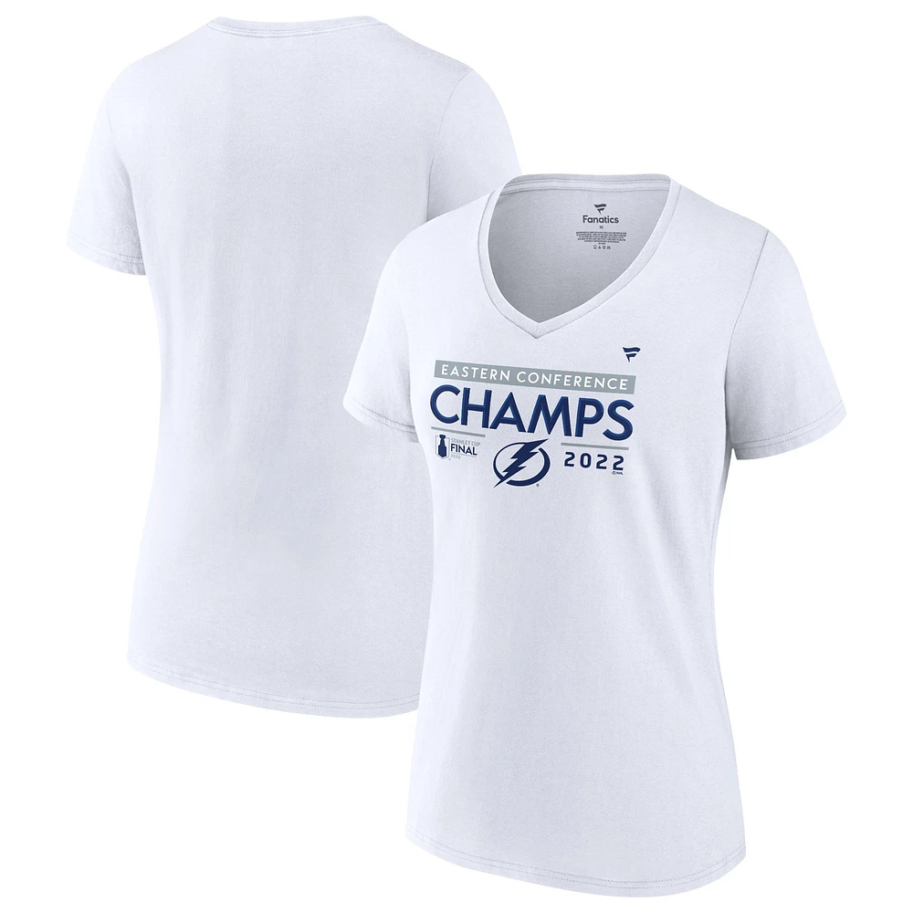 T-shirt blanc à col en V pour femmes Fanatics du Lightning de Tampa Bay 2022 Champions la Conférence l'Est, grande taille