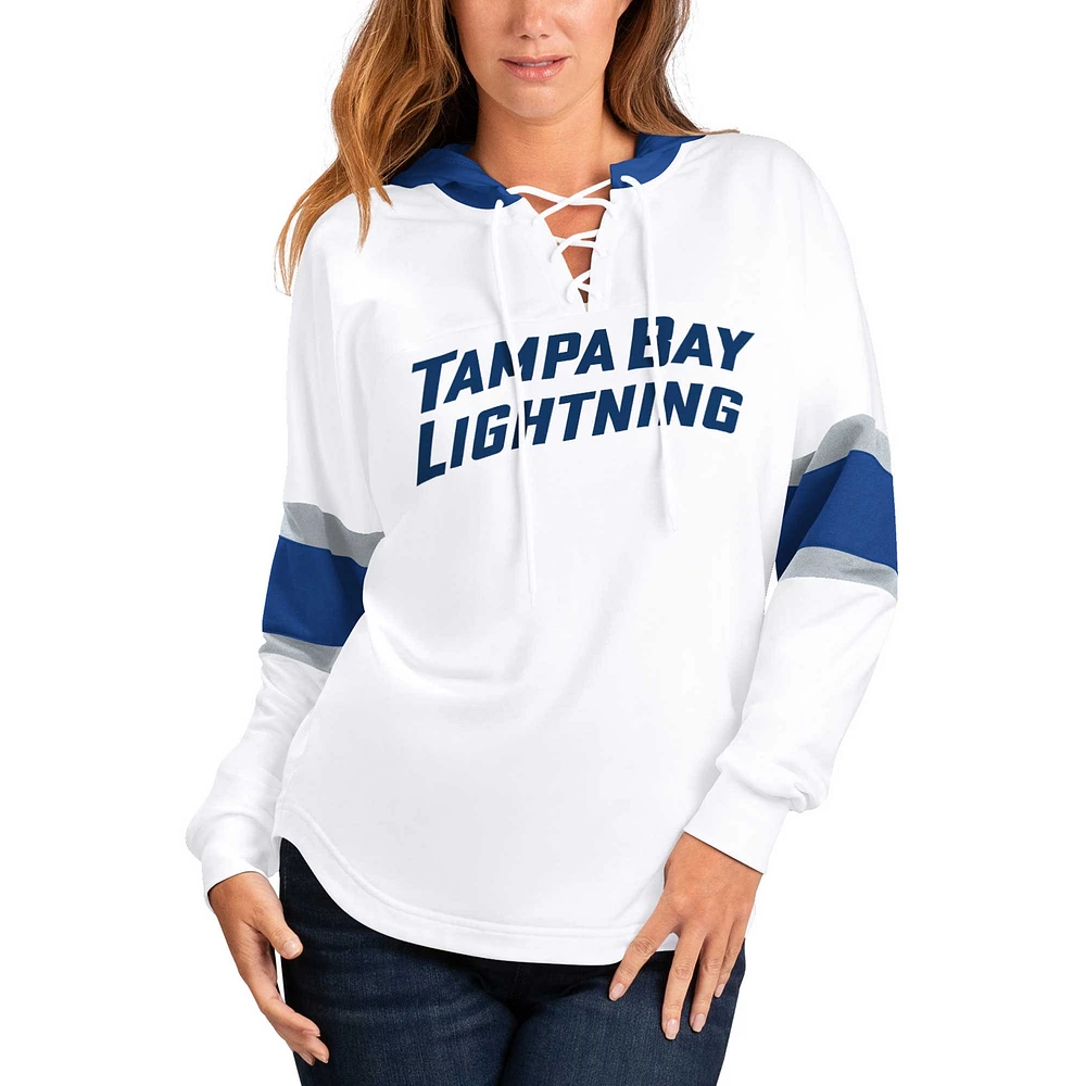 Women's G-III 4Her by Carl Banks White/Blue Tampa Bay Lightning Goal Zone Long Sleeve Lace-Up Hoodie T-Shirt