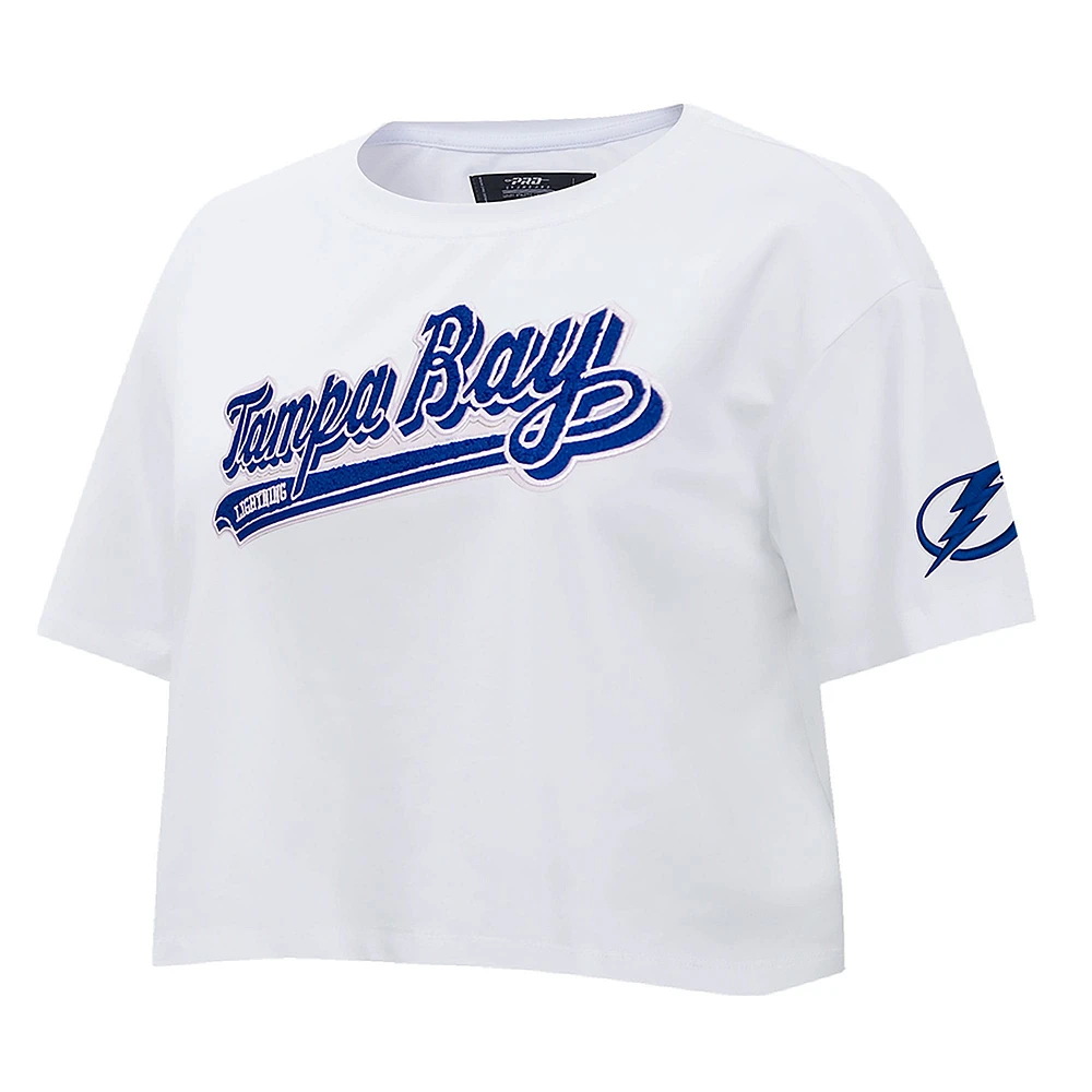 Women's Pro Standard White Tampa Bay Lightning Boxy Script Tail Cropped T-Shirt