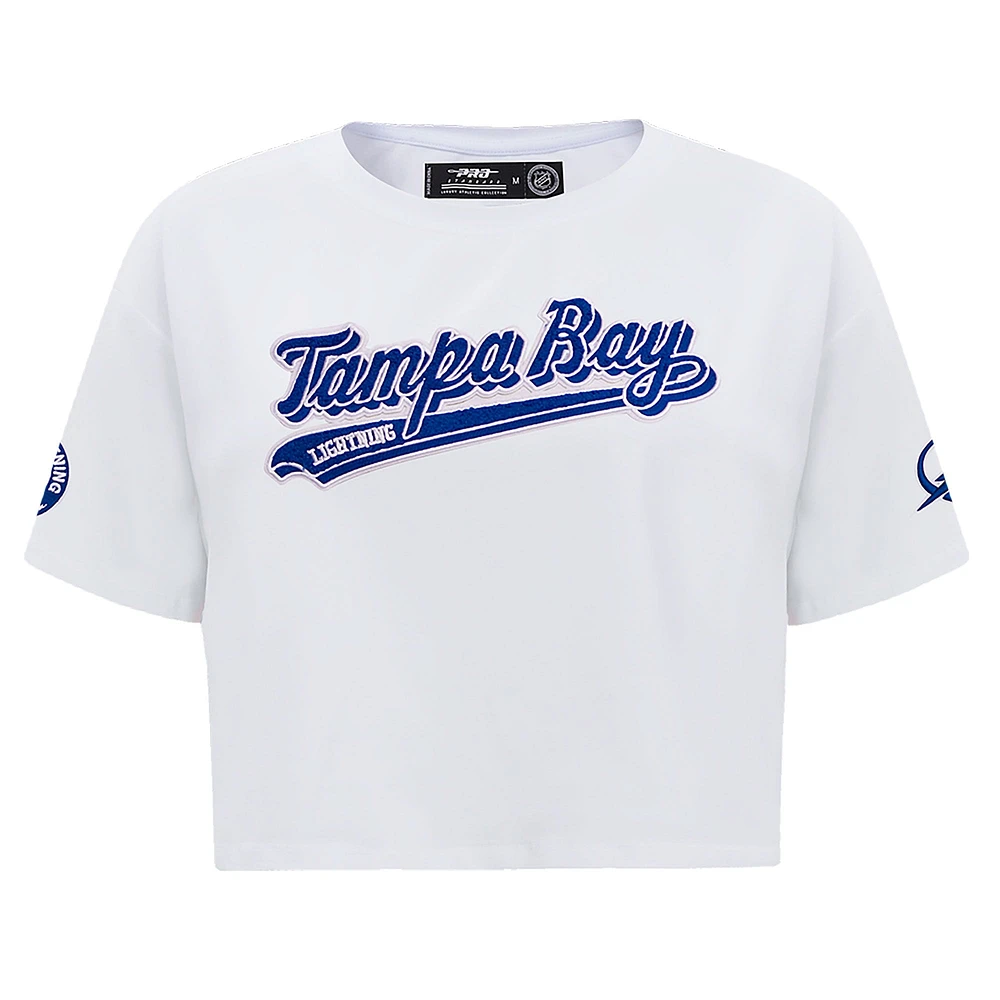 Women's Pro Standard White Tampa Bay Lightning Boxy Script Tail Cropped T-Shirt