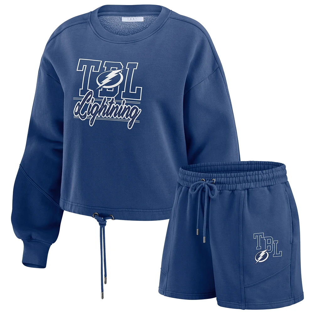 Ensemble de détente pour femme WEAR by Erin Andrews avec sweat-shirt et short en molleton délavé bleu Tampa Bay Lightning