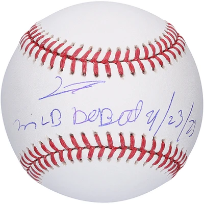 Balle de baseball autographiée par Junior Caminero des Rays de Tampa Bay avec l'inscription « MLB Debut 9/23/23 »