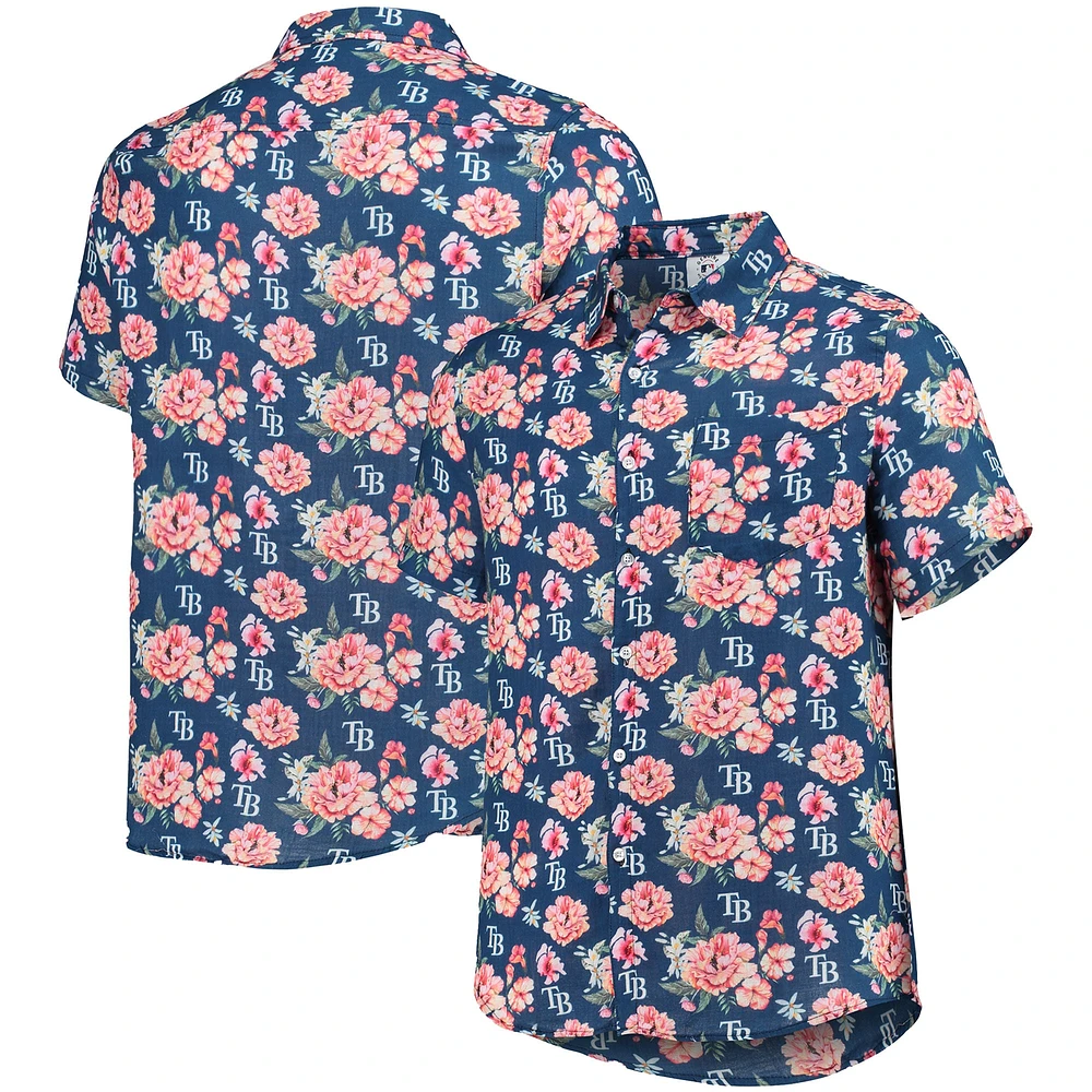 FOCO Navy Tampa Bay Rays Chemise boutonnée en lin à fleurs pour homme