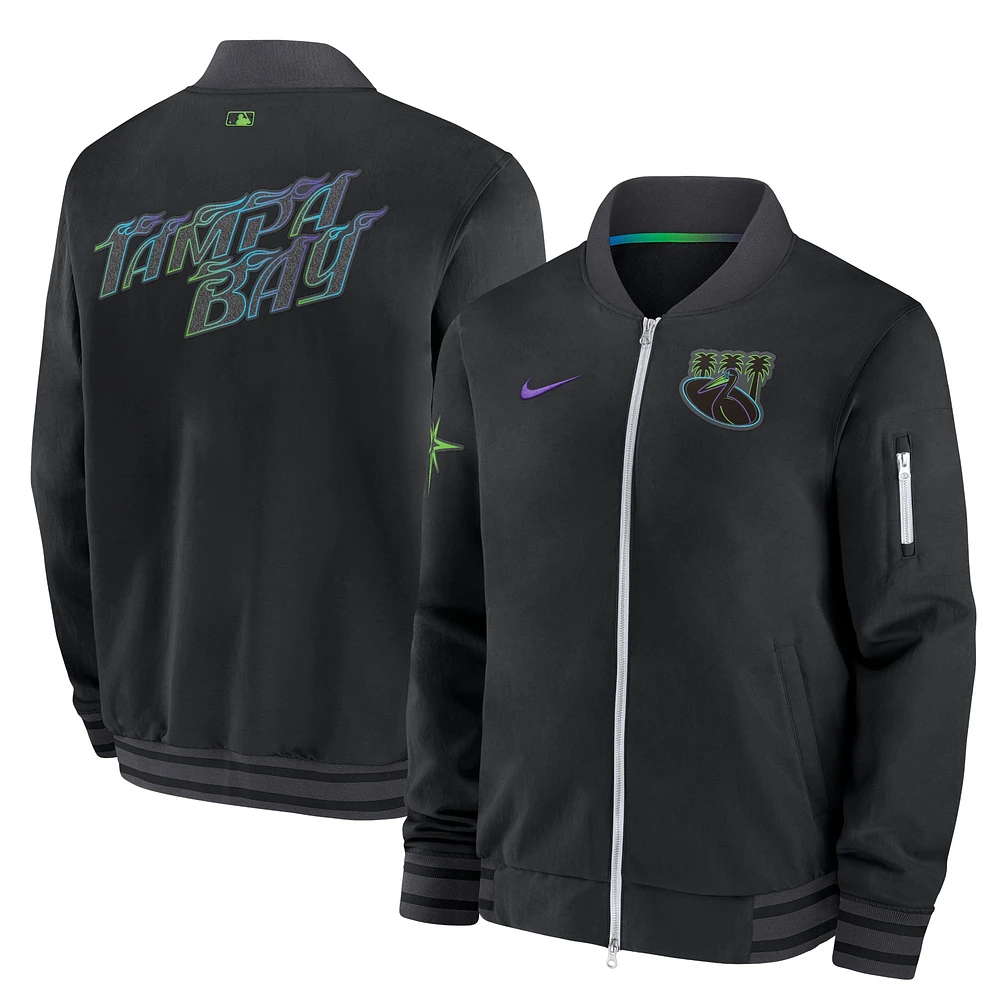 Blouson aviateur entièrement zippé Nike pour homme, noir, Tampa Bay Rays 2024 City Connect Authentic Collection Game Time