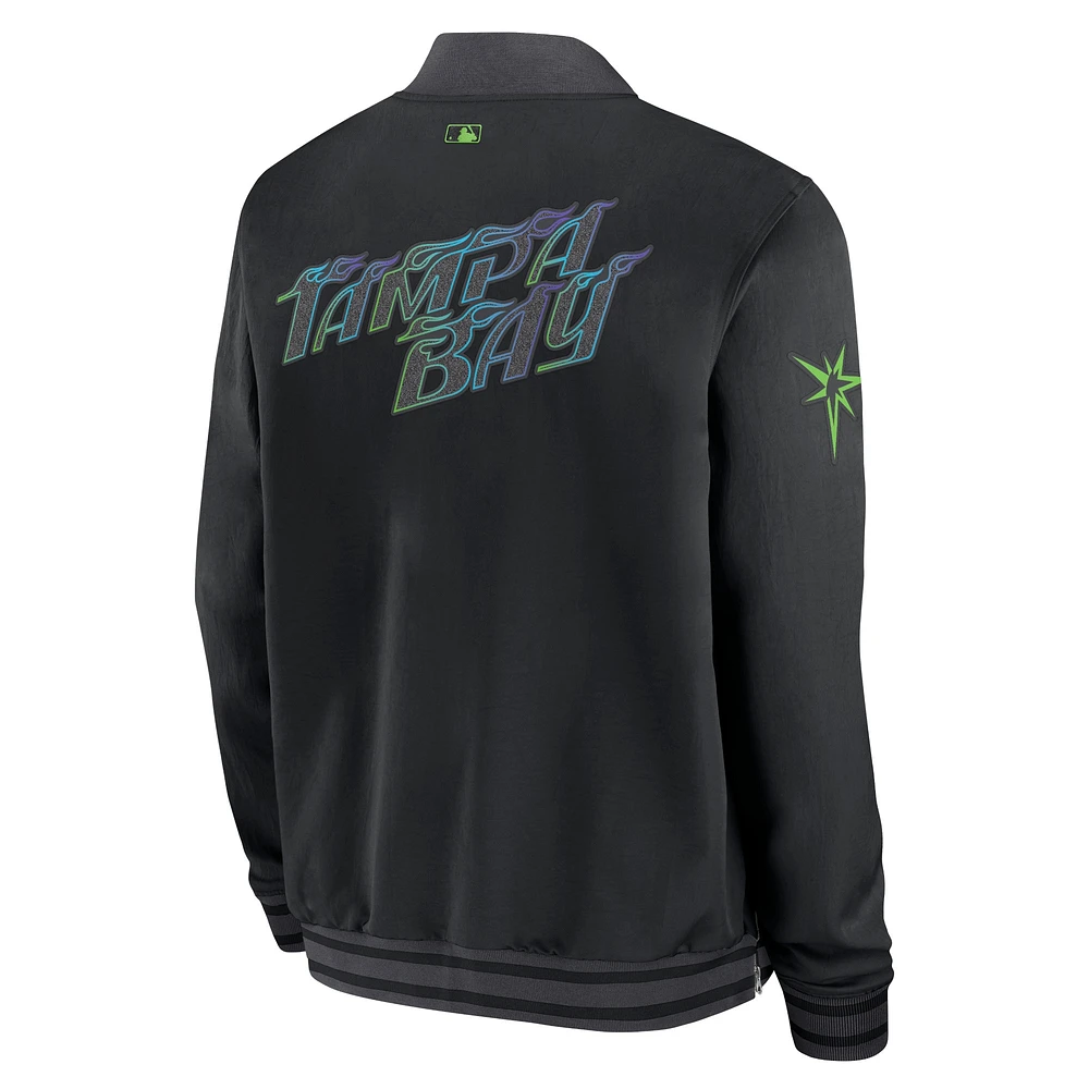 Blouson aviateur entièrement zippé Nike pour homme, noir, Tampa Bay Rays 2024 City Connect Authentic Collection Game Time