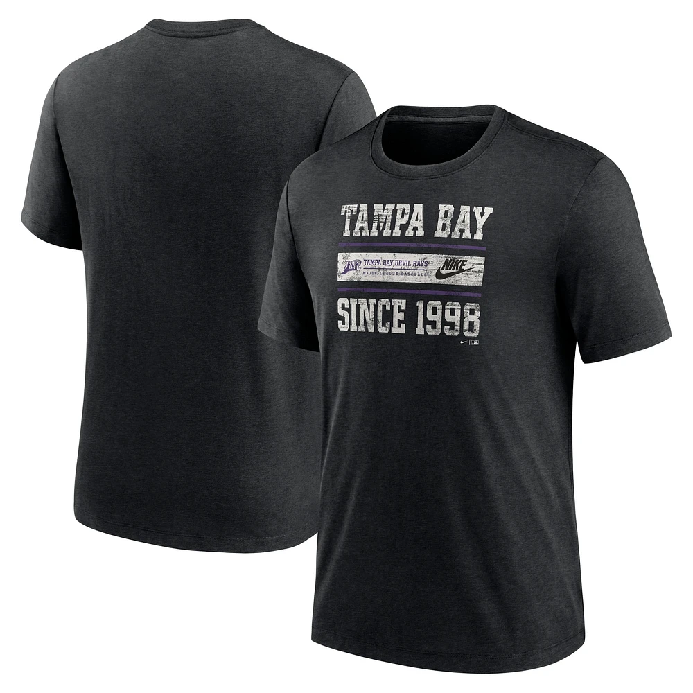 T-shirt à trois mélanges Nike Heather Black Tampa Bay Rays Cooperstown Collection Local Stack pour hommes