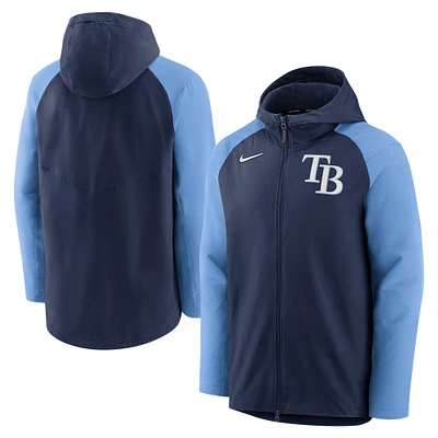 Sweat à capuche raglan entièrement zippé pour homme Nike Tampa Bay Rays Authentic Collection Performance - Bleu marine/Bleu clair